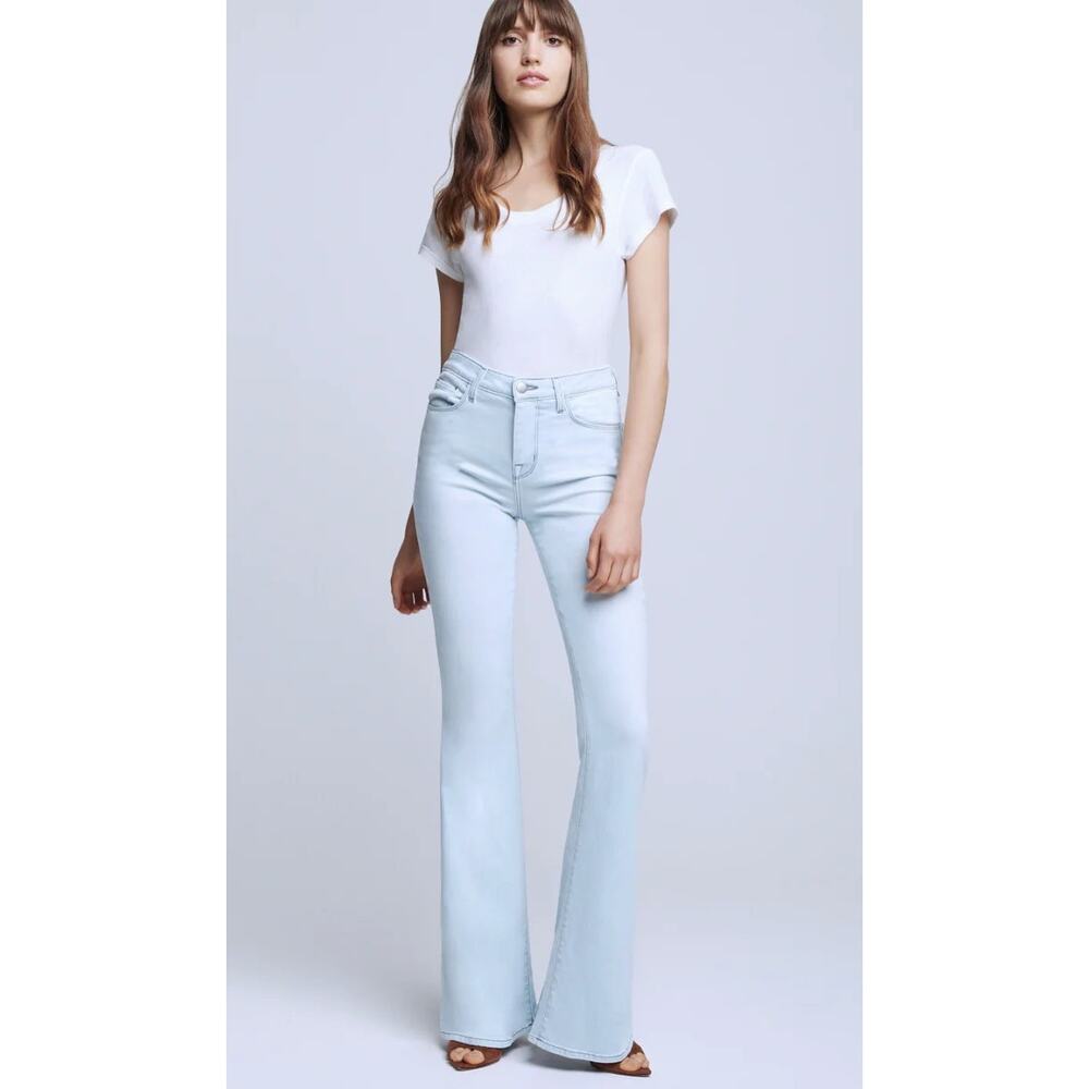 NWT L'Agence Bell High Rise Flare Bleach Down Size 25 Light Blue Stretch Denim